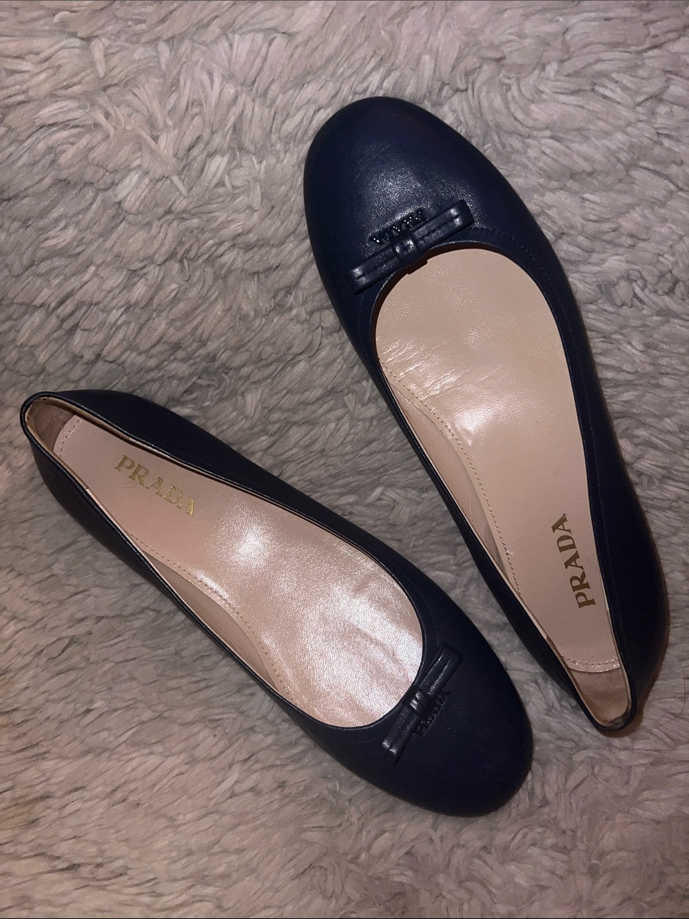 Prada Navy Leather Ballet Flats with Bow Trim - Picture 6 of 7